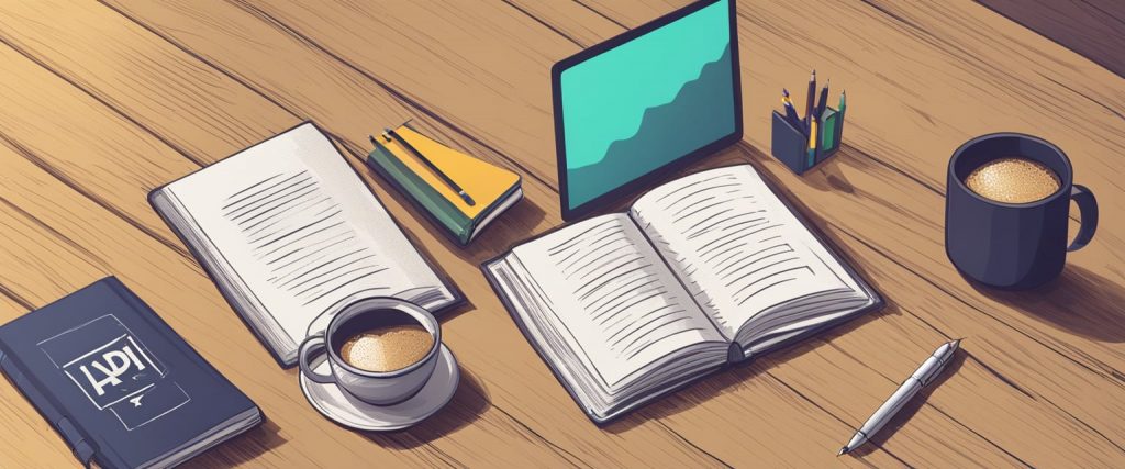 Egy nyitott könyv "API Típusok Mit jelent az API szó?" címmel egy fa asztalon, körülötte egy laptop, egy kávéscsésze és egy toll.