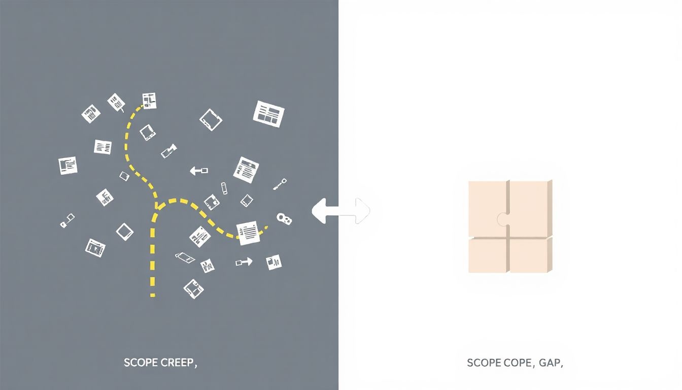 A scope creep folyamatos bővülés, míg a scope gap hiány.