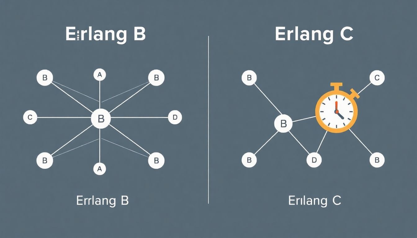 Az Erlang B blokkolási valószínűséget, az Erlang C várakozást számít.